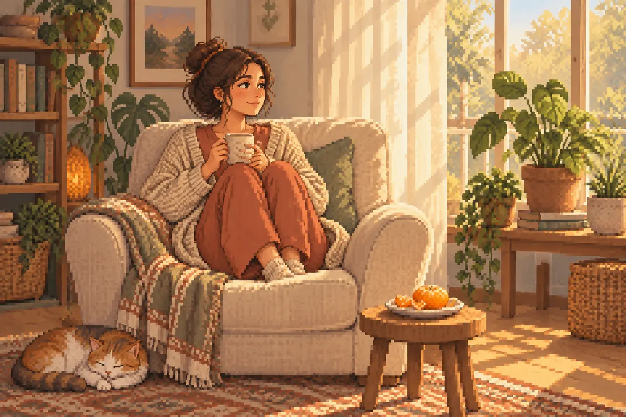Pixel-Art-Illustration einer Frau mit einer Tasse in einem gemütlichen Sessel, neben der eine Katze im sonnendurchfluteten Zimmer schläft.