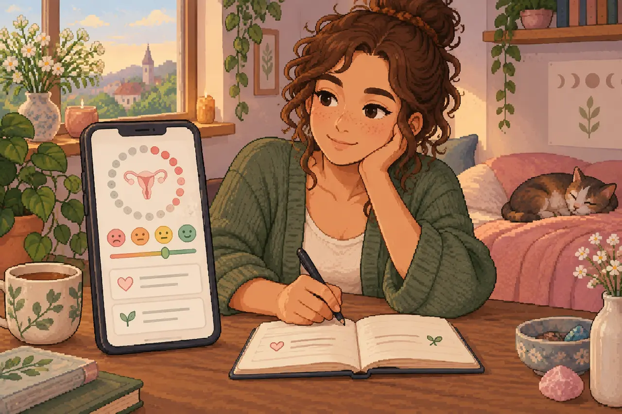 Pixel art illustration of a young woman writing in a journal at her desk next to a phone displaying a cycle tracking app in a cozy room.