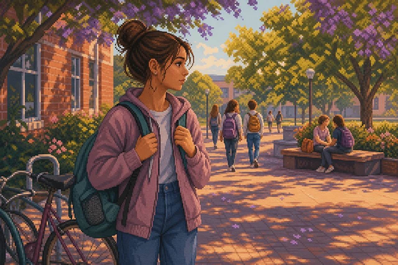 Pixel-Art-Szene einer Jugendlichen in einem sonnenhellen Schulhof nach Unterrichtsende.