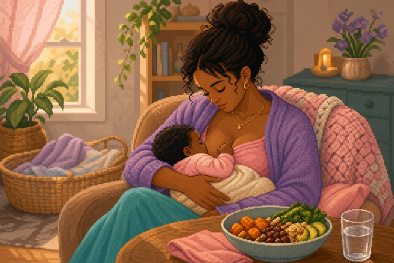 Frau mit Baby in einer ruhigen Alltagsszene als warme Pixel-Art.