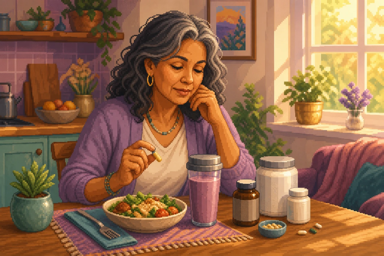 Pixel-art scene of a woman in her fifties doing a calm everyday activity by a window.