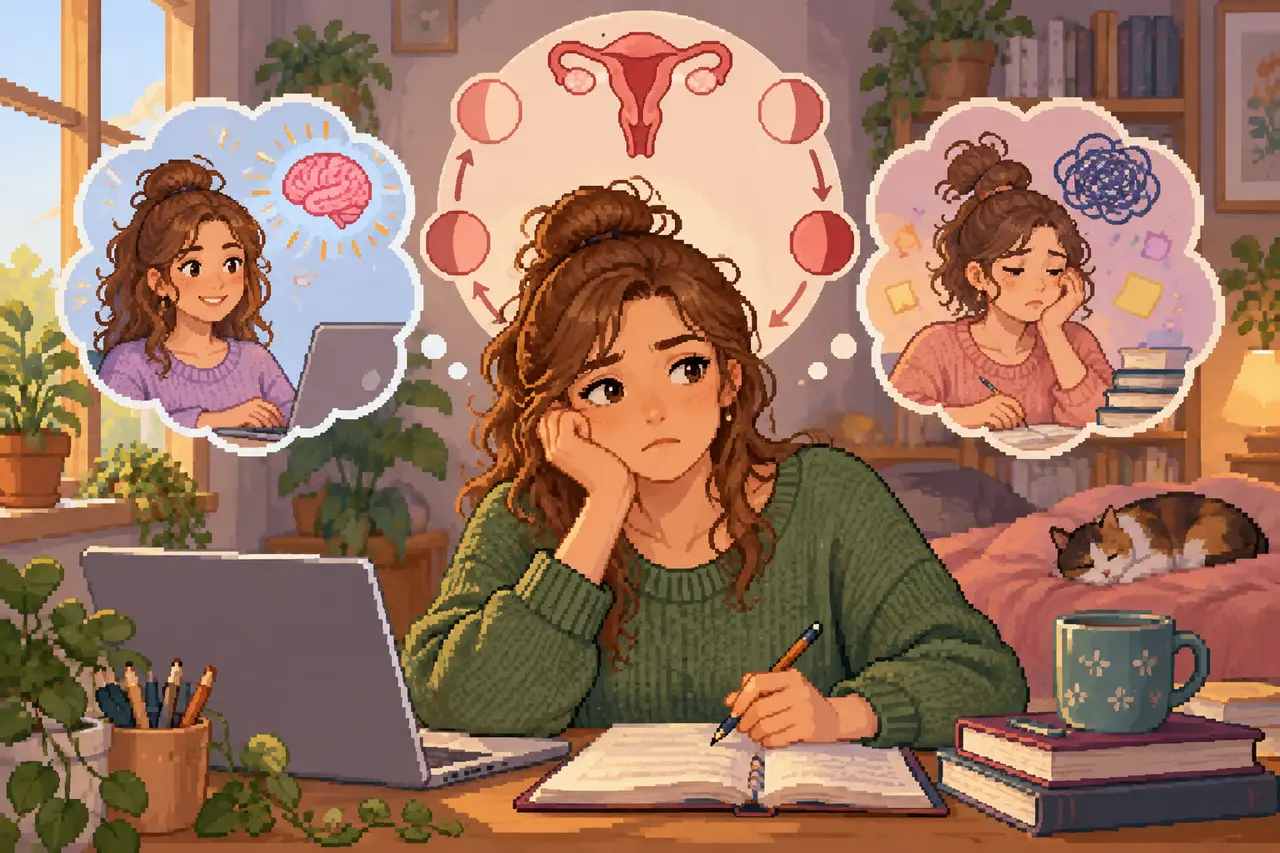 Pixel-Art-Illustration einer jungen Frau an einem Schreibtisch mit Laptop und Notizbuch, umgeben von Gedankenblasen zu Zyklusphasen und wechselnden Stimmungen.