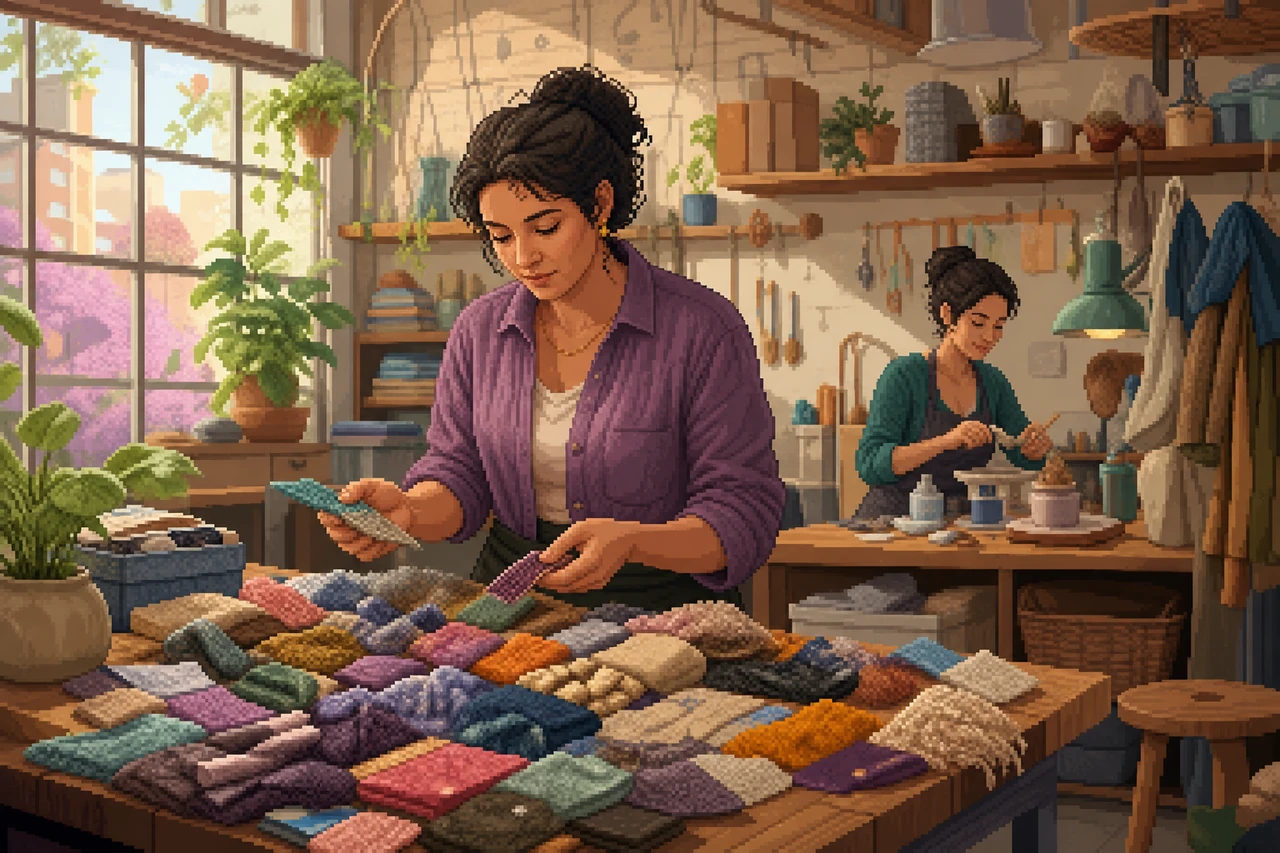 Pixel-Art-Szene einer Frau in einer hellen Nachbarschaftswerkstatt.
