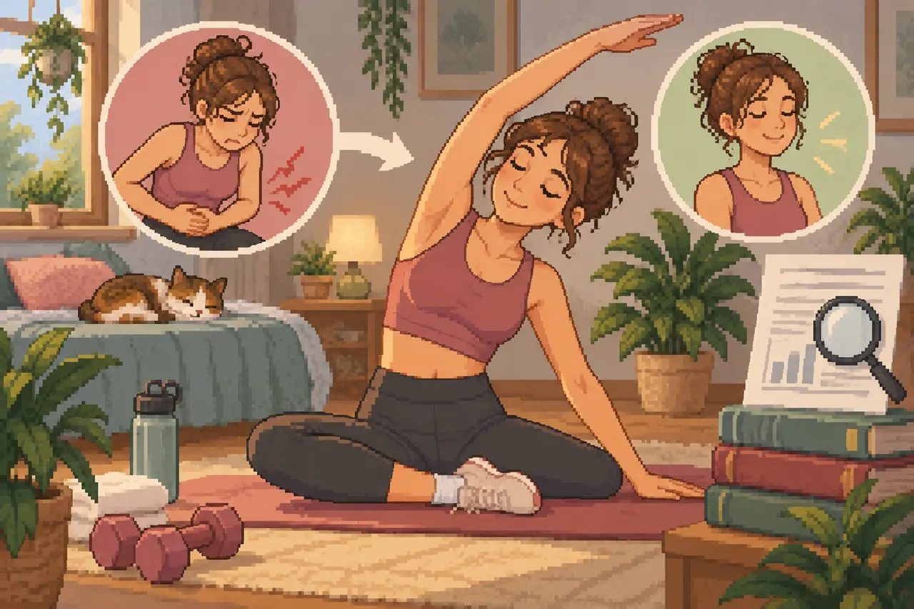 Pixel-Art-Illustration einer Frau, die sich auf einer Yogamatte im sonnigen Schlafzimmer dehnt, begleitet von Rundbildern zu Bauchschmerzen und Wohlbefinden.