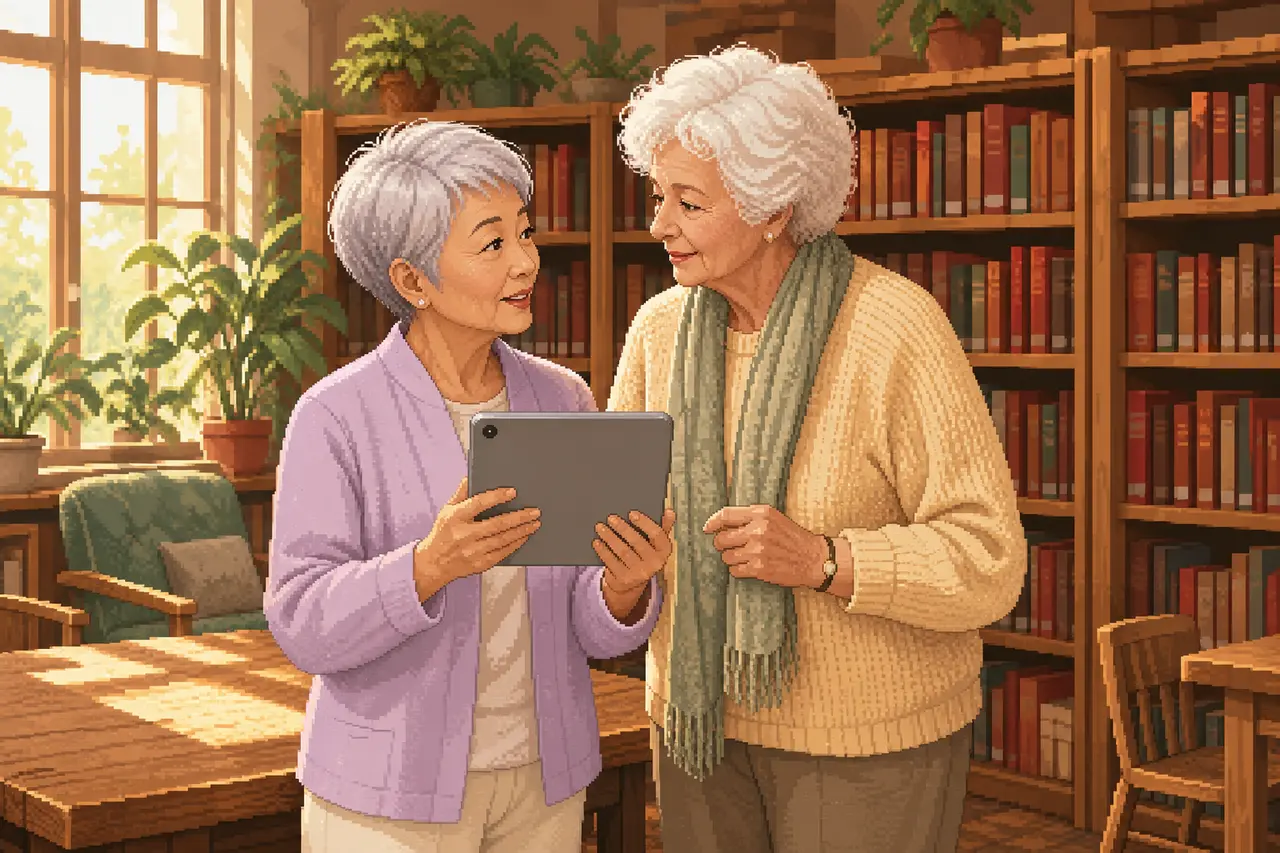 Two older women look at a tablet together in a library. The back of the device faces the viewer.