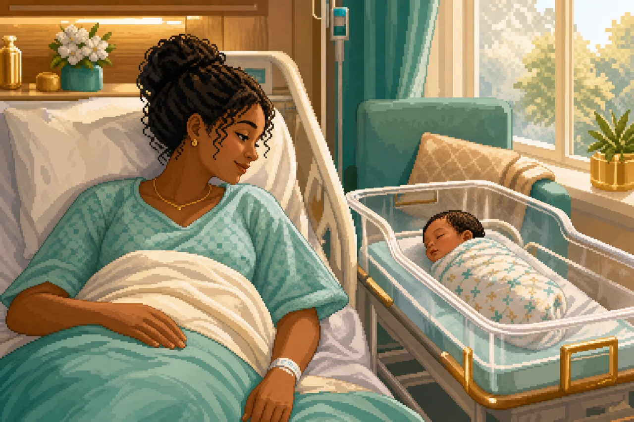 Woman with a baby in a calm everyday scene rendered as warm pixel art.