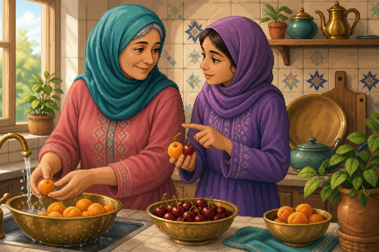 Pixel-Art-Szene von zwei Frauen unterschiedlicher Generationen in einer Küche.