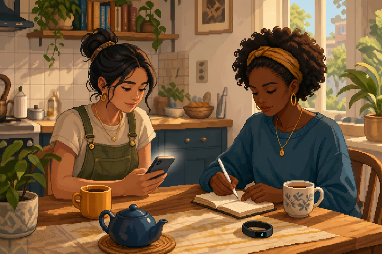 Pixel-art scene of two women at a kitchen table with a smartphone and notebook.