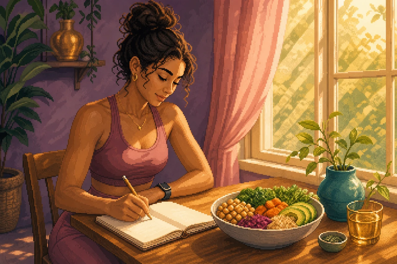 Pixel-Art-Szene einer diversen Frau, die nach dem Training in ein Notizbuch schreibt.