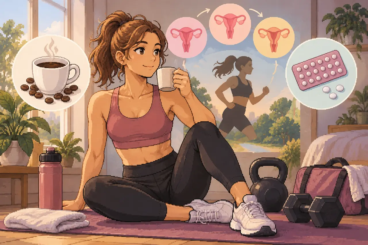 Pixel art illustration of a woman in sportswear sitting on an exercise mat drinking from a mug, surrounded by workout gear and health-related graphics.