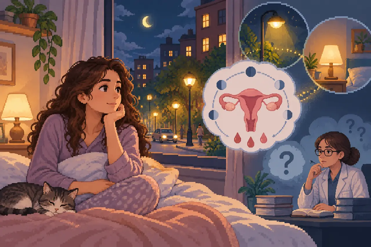 Pixel-Art-Illustration einer Frau, die nachts neben einer schlafenden Katze im Bett sitzt, umgeben von Gedanken an den Menstruationszyklus und Lichtquellen.