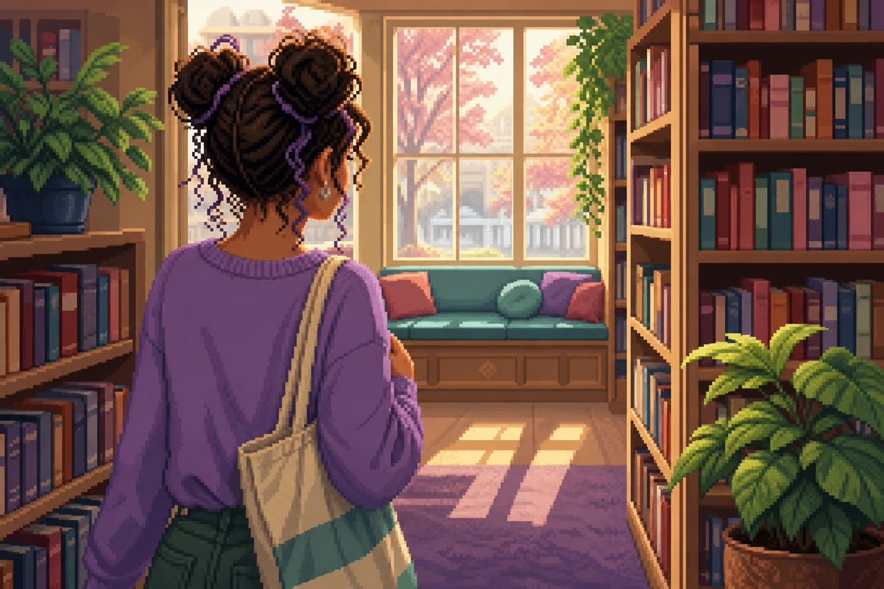 Pixel-Art-Szene einer Jugendlichen beim Betreten einer ruhigen Bibliothek.