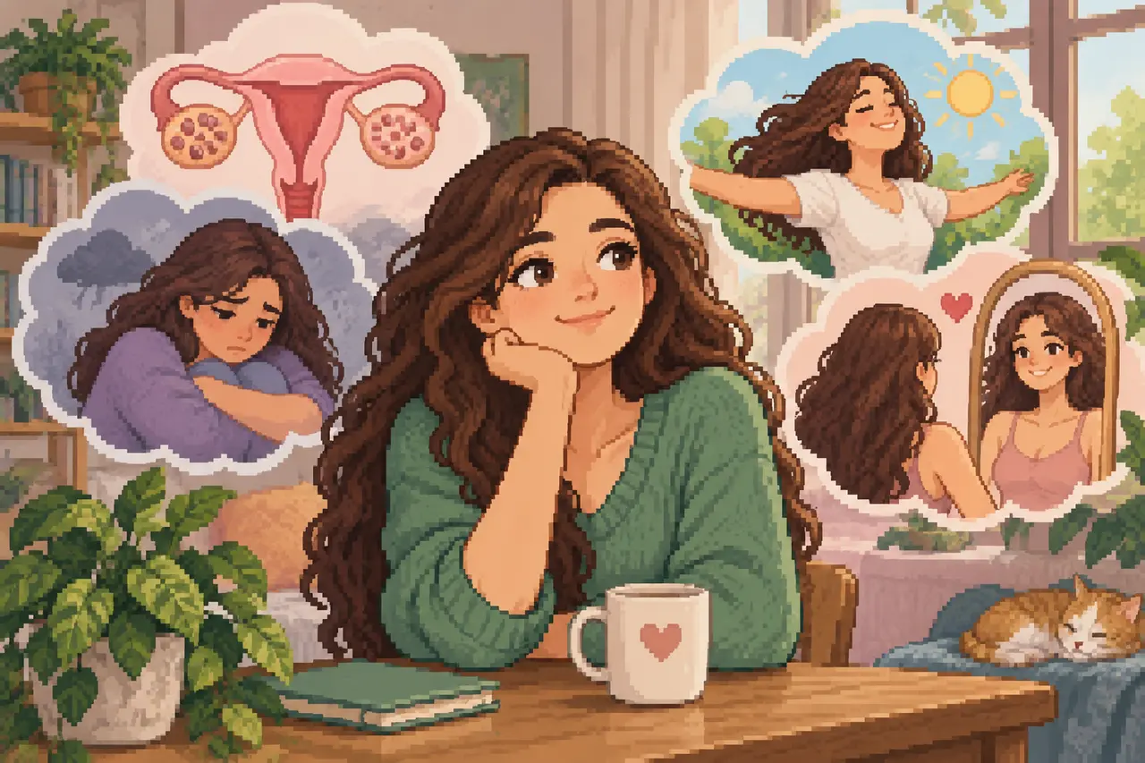 Pixel-Art-Illustration einer nachdenklichen Frau am Holztisch, umgeben von Gedankenblasen mit verschiedenen Gefühlslagen und einer Gebärmutterdarstellung.