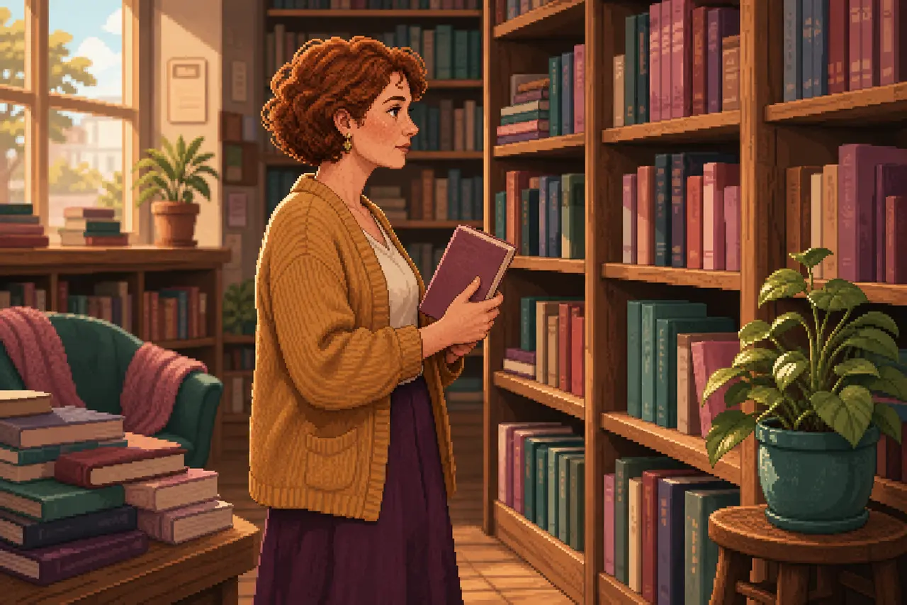 Pixel-art editorial scene of one woman in her thirties or forties with visible individuality.