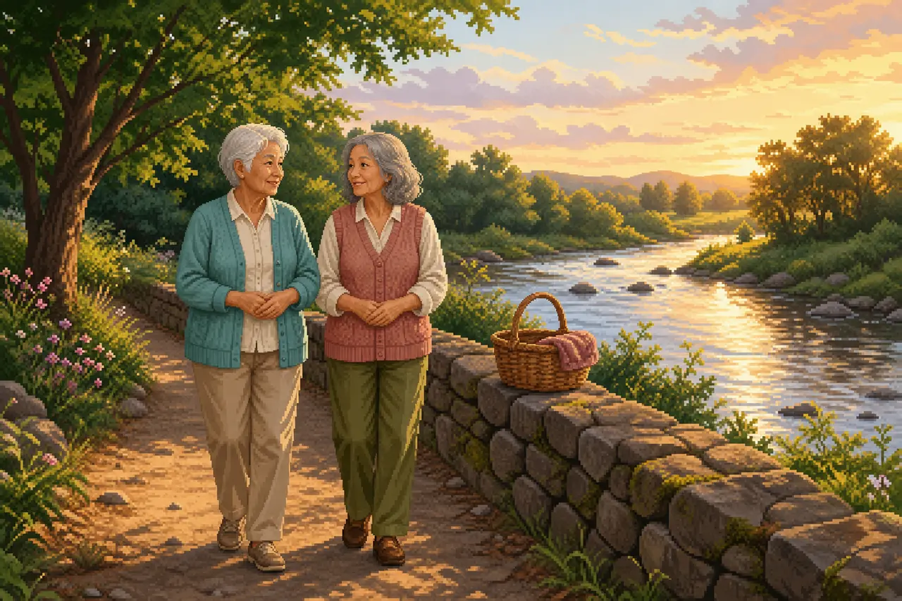 Pixel-art scene of an older woman or two older women in a calm everyday situation outdoors.