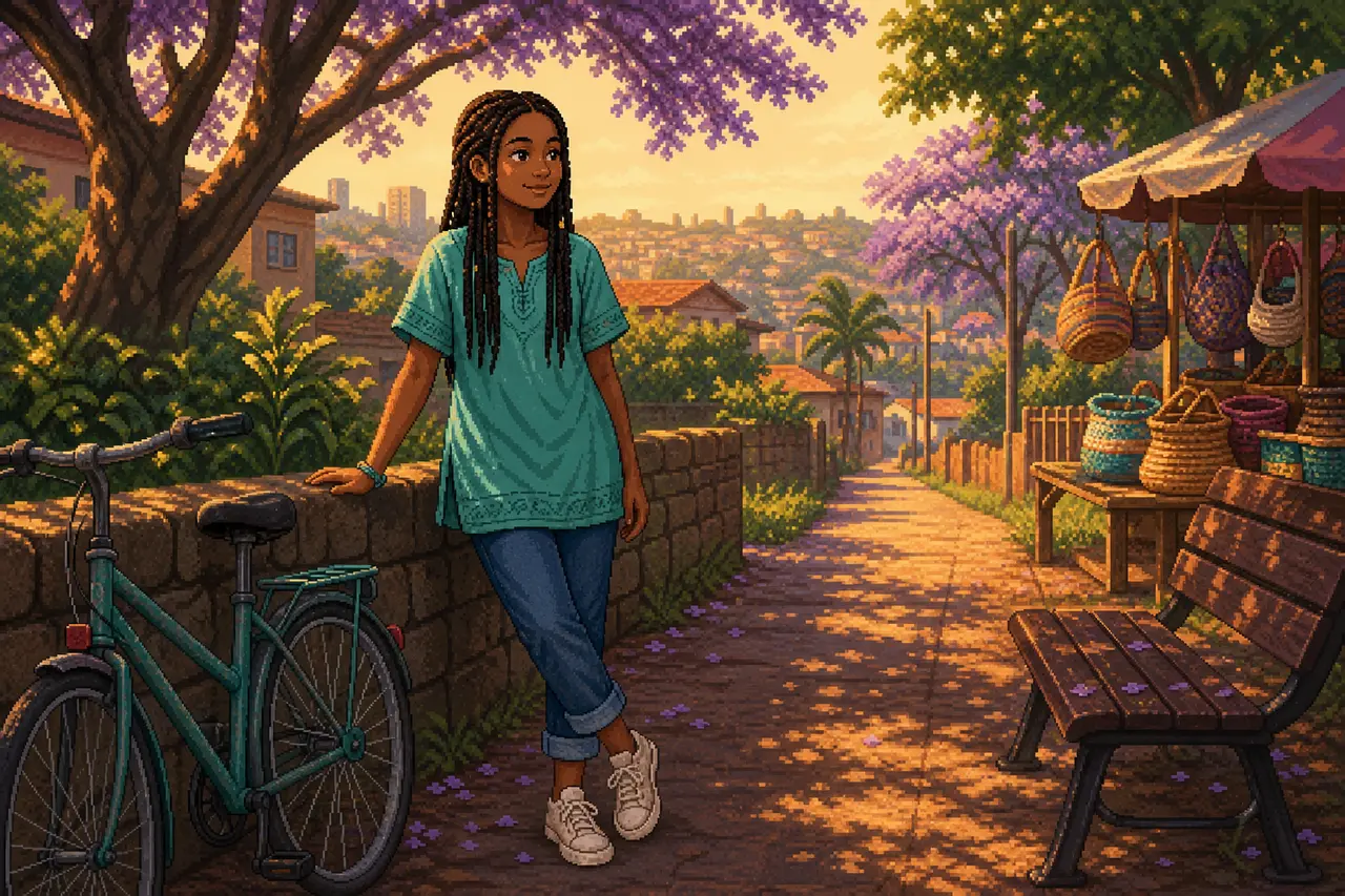 Pixel-art scene of a teenage girl in a calm everyday situation away from home.