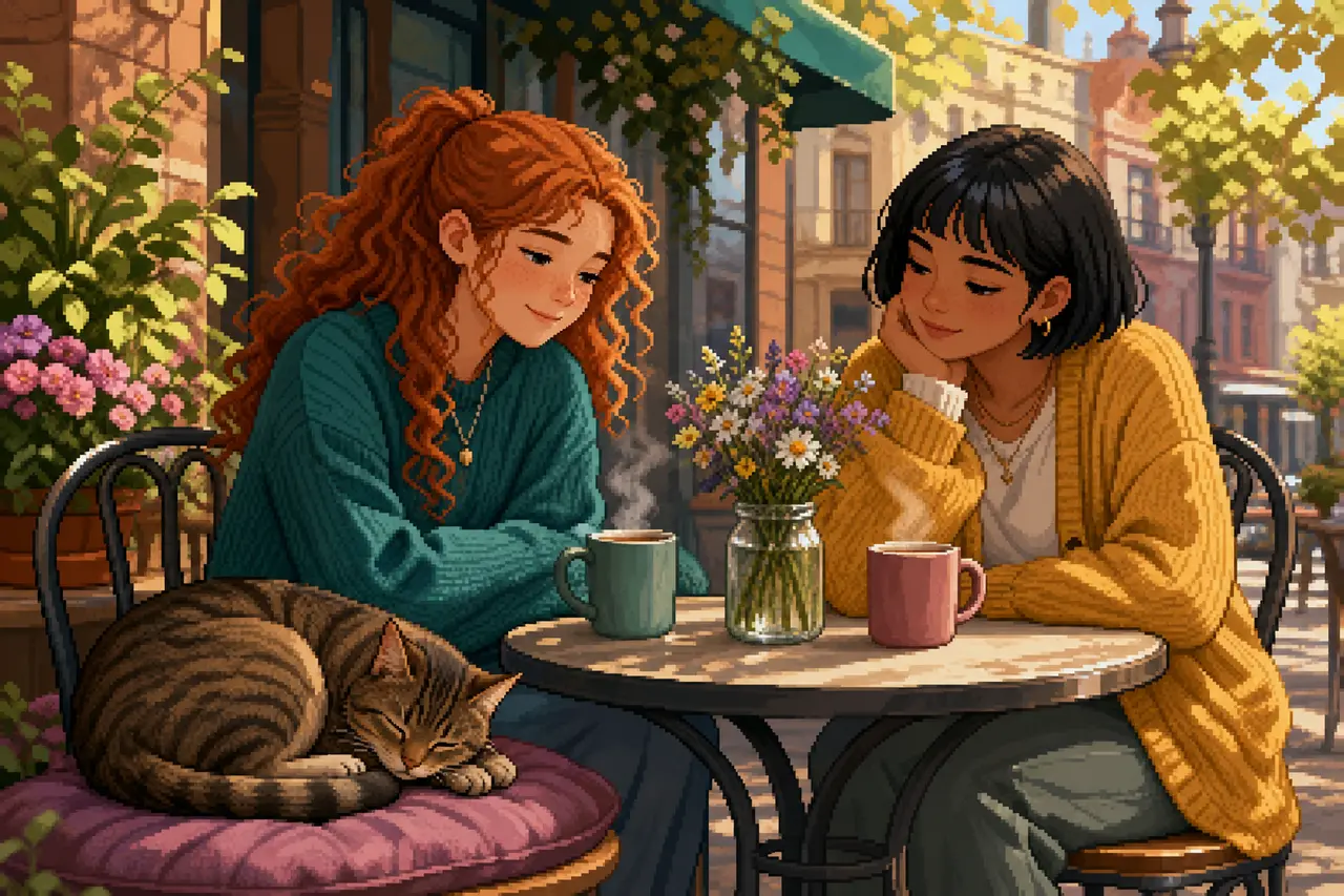Pixel-Art-Szene zweier Frauen in einem ruhigen gemeinsamen Alltagsmoment.