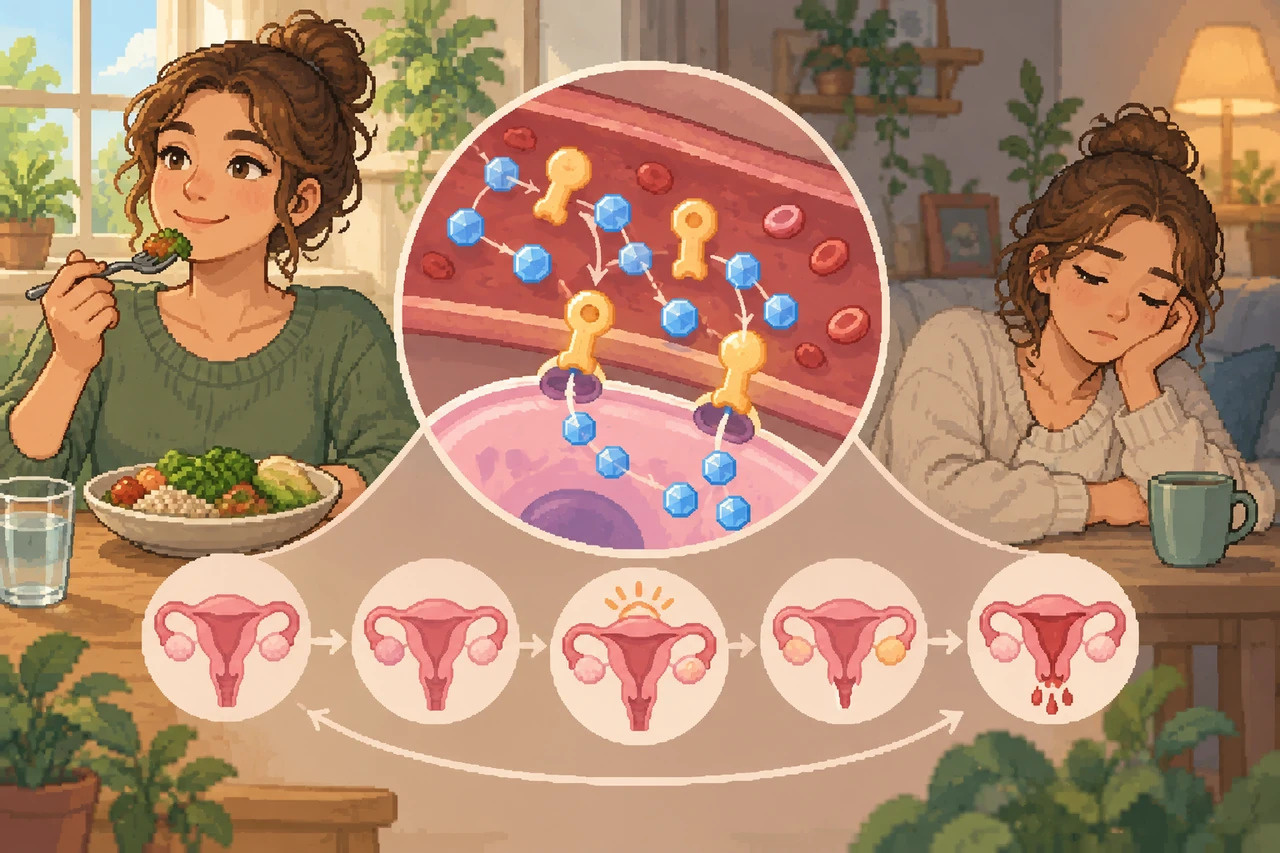 Pixel art illustration of a woman eating a bowl and resting tiredly at a table, framed by diagrams of glucose transport and the menstrual cycle.