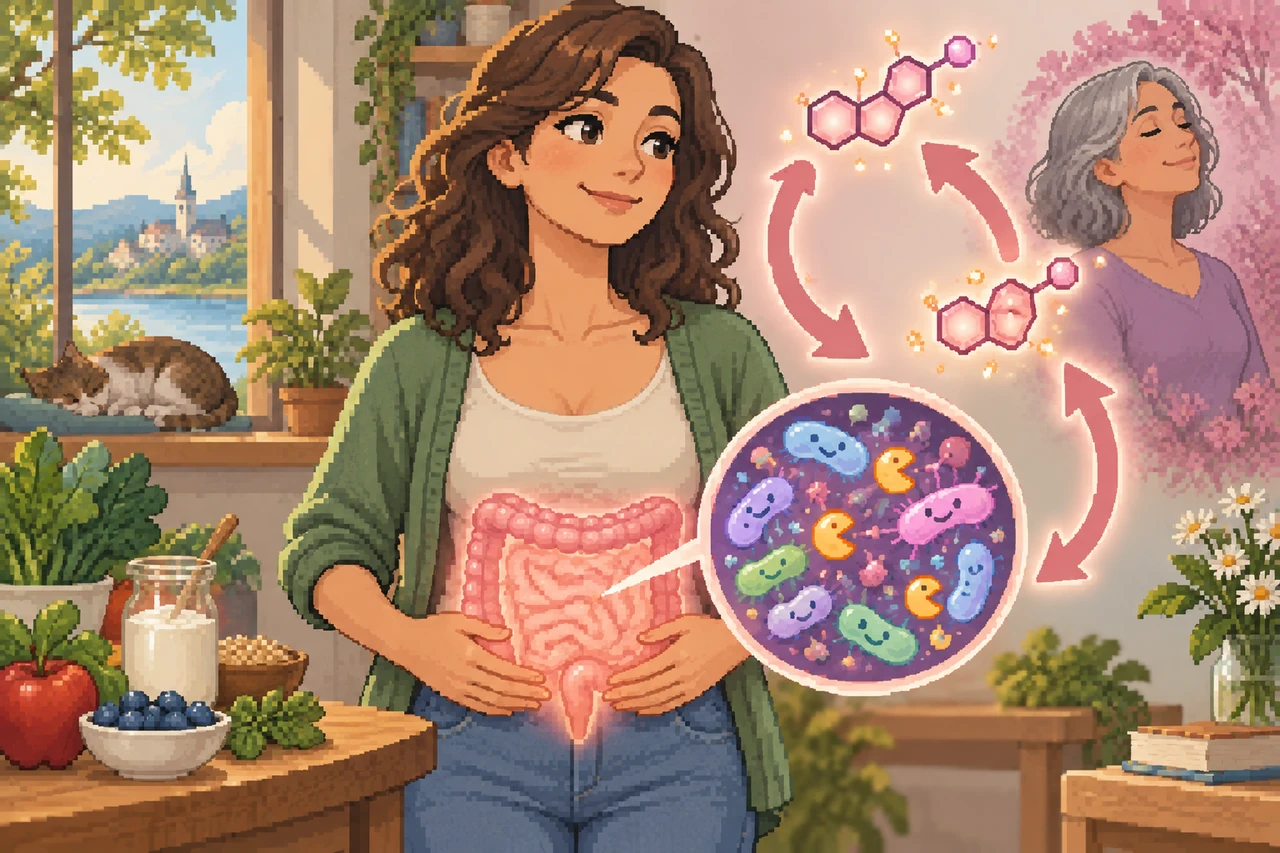 Pixel art illustration of a woman in a sunny room with highlighted intestines, a microbiome graphic, and hormone diagrams.