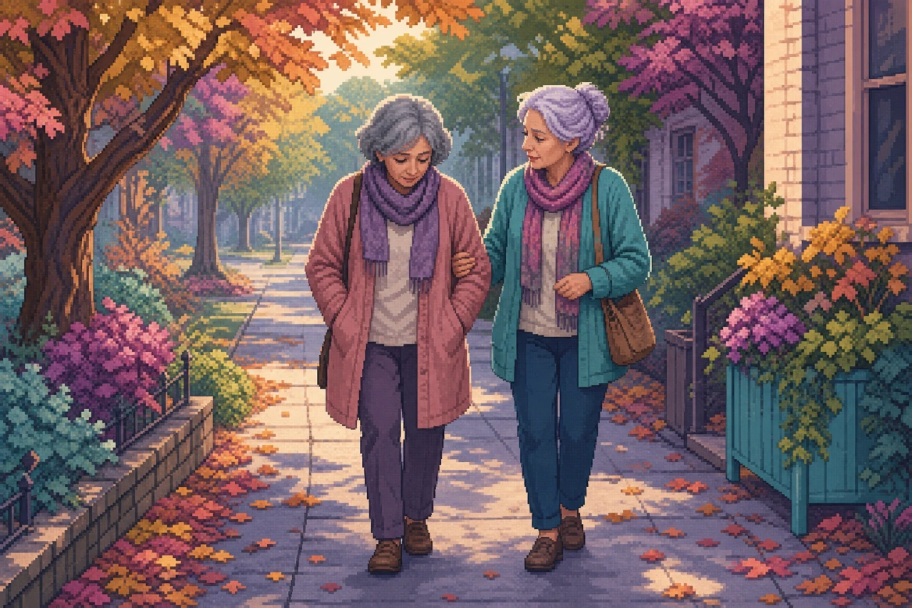 Pixel-art scene of an older woman or two older women in a calm everyday situation outdoors.