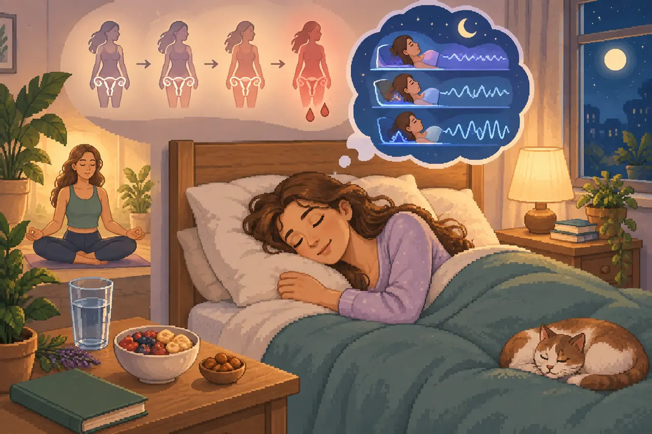 Pixel art illustration of a woman sleeping peacefully in bed beside a cat, surrounded by scenes of meditation, sleep stages, and the menstrual cycle.