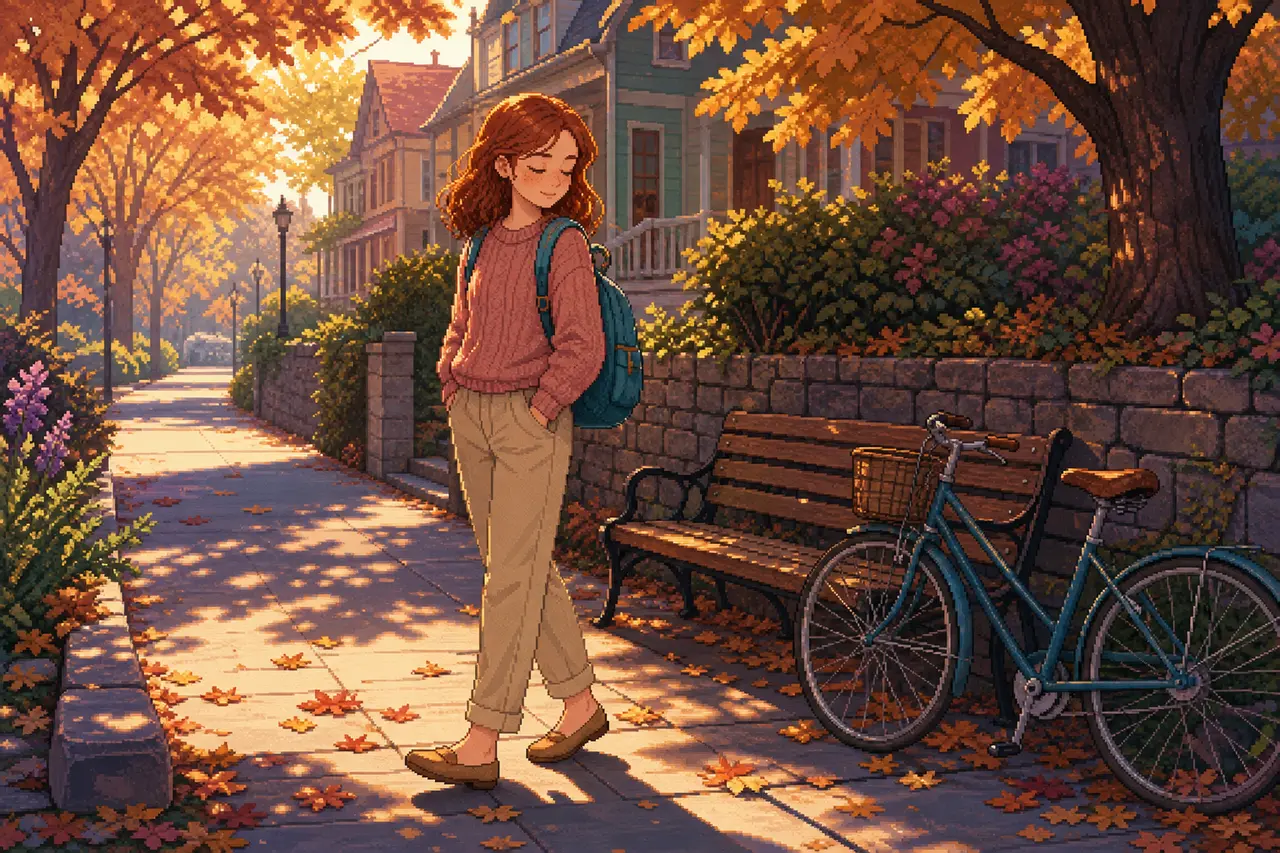Pixel-art scene of a teenage girl in a calm everyday situation away from home.