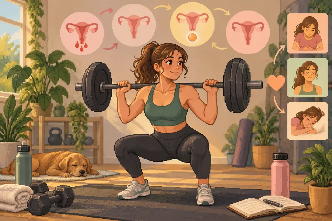 Pixel art illustration of a woman performing barbell squats in a sunlit room filled with plants, accompanied by menstrual cycle diagrams.