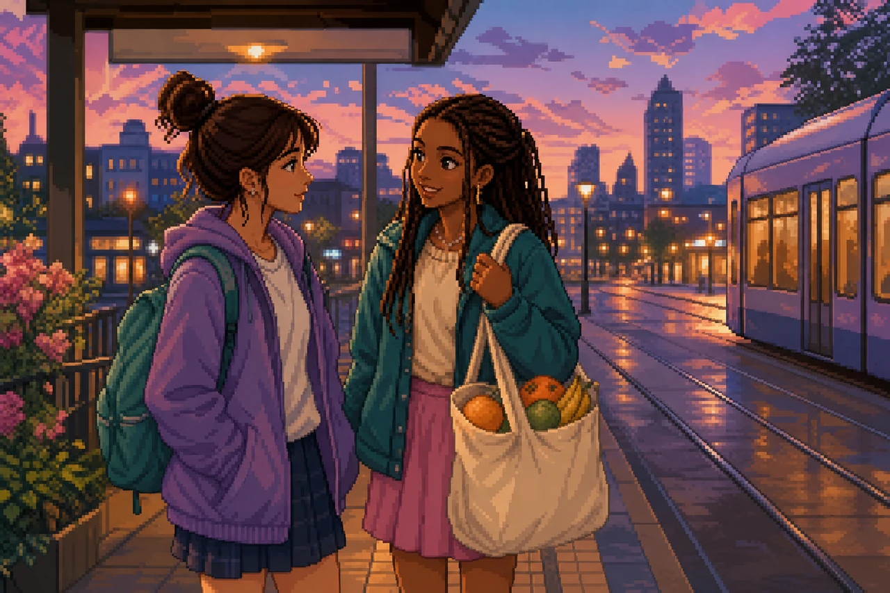 Pixel-art scene of two teenage girls talking at a tram stop.