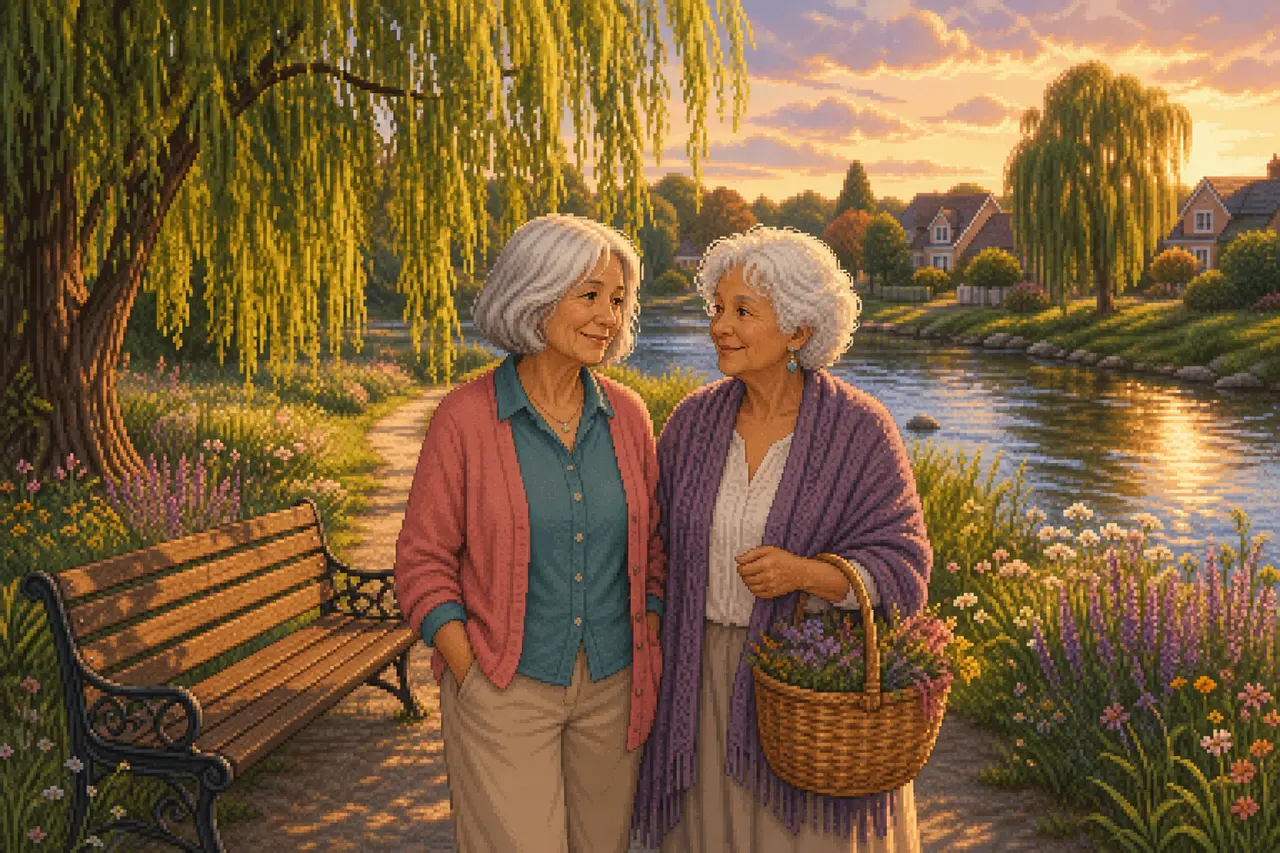 Pixel-art scene of an older woman or two older women in a calm everyday situation outdoors.