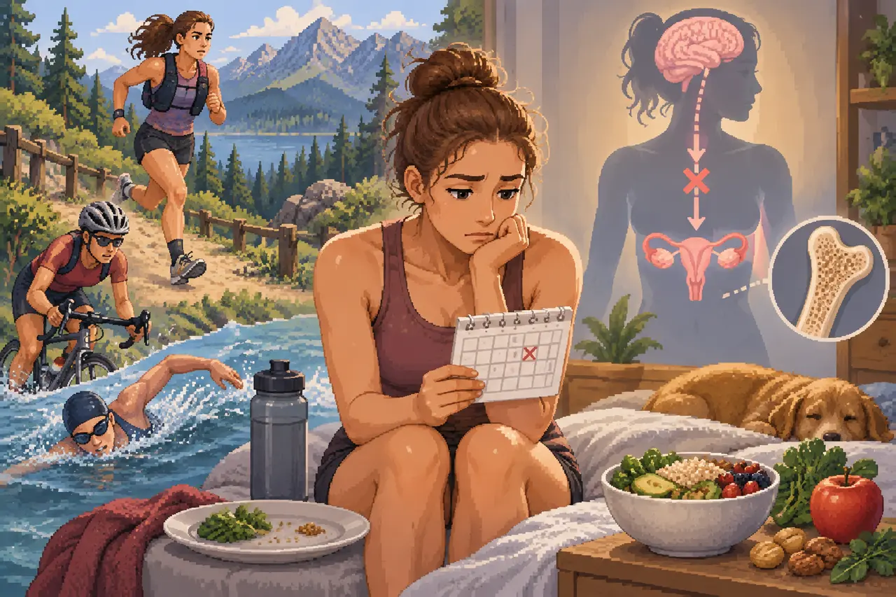 Pixel art illustration of a thoughtful female athlete looking at a calendar, surrounded by sports scenes, food, and a medical body diagram.