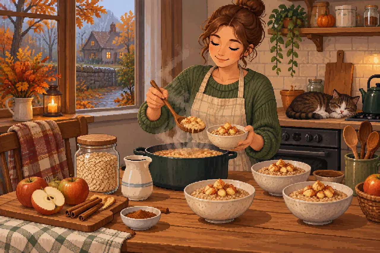 Pixel-Art-Illustration einer Frau in Schürze, die in einer gemütlichen Küche warmen Haferbrei in Schalen füllt, während draußen Herbst herrscht.