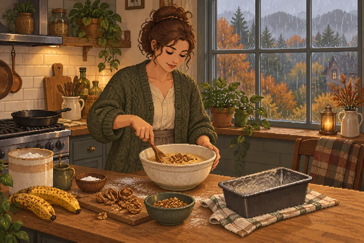 Pixel-Art-Illustration einer Frau in einer Strickjacke, die in einer gemütlichen Küche an einem regnerischen Herbstfenster Teig rührt.