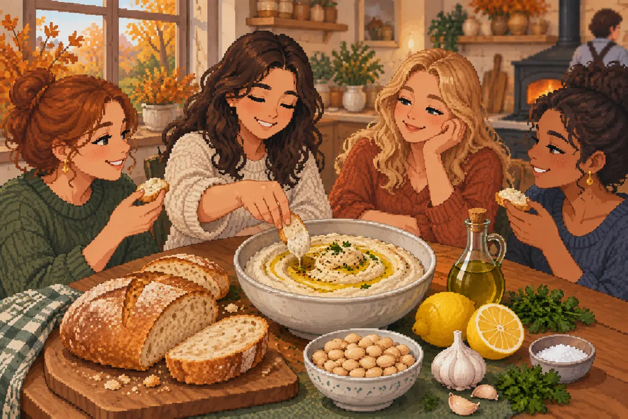 Pixel-Art-Illustration von vier jungen Frauen, die an einem gemütlichen Holztisch Brot und Hummus in einer herbstlichen Küche teilen.