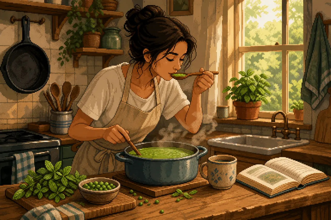 Eine Frau bereitet in einer Küche grüne Erbsensuppe zu.