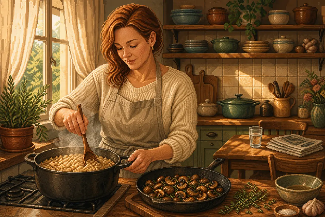 Pixel-art scene of a calm kitchen on a Saturday.