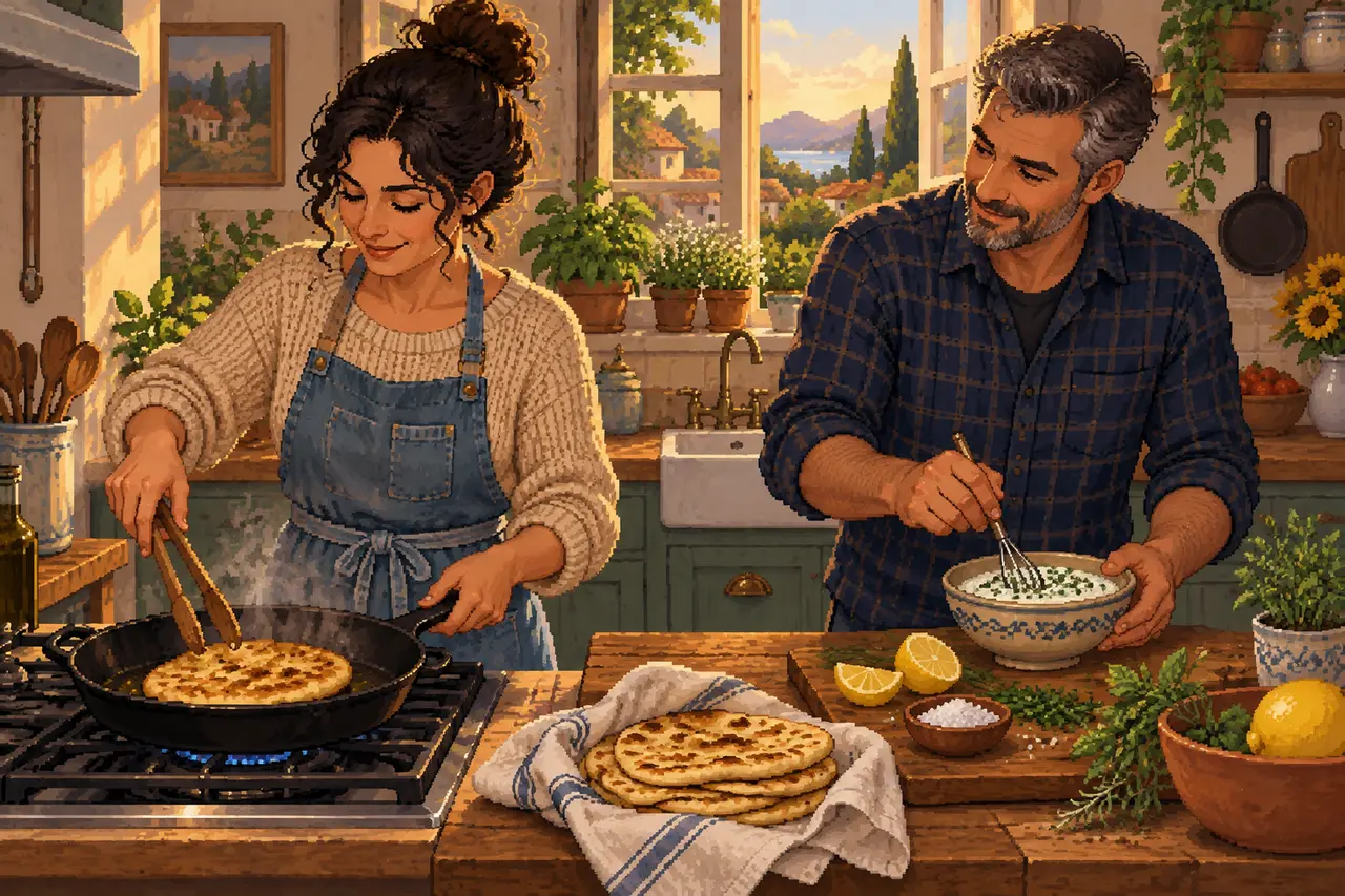 Pixel-Art-Illustration einer Frau und eines Mannes, die in einer sonnigen Küche Fladenbrote braten und einen Dip zubereiten.