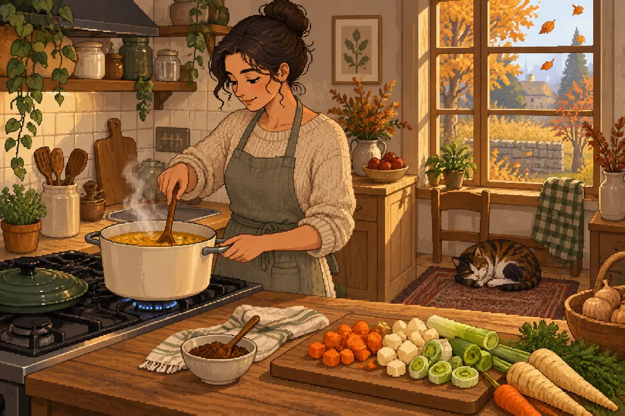 Pixel art illustration of a woman cooking soup in a cozy kitchen while a cat sleeps on the floor.