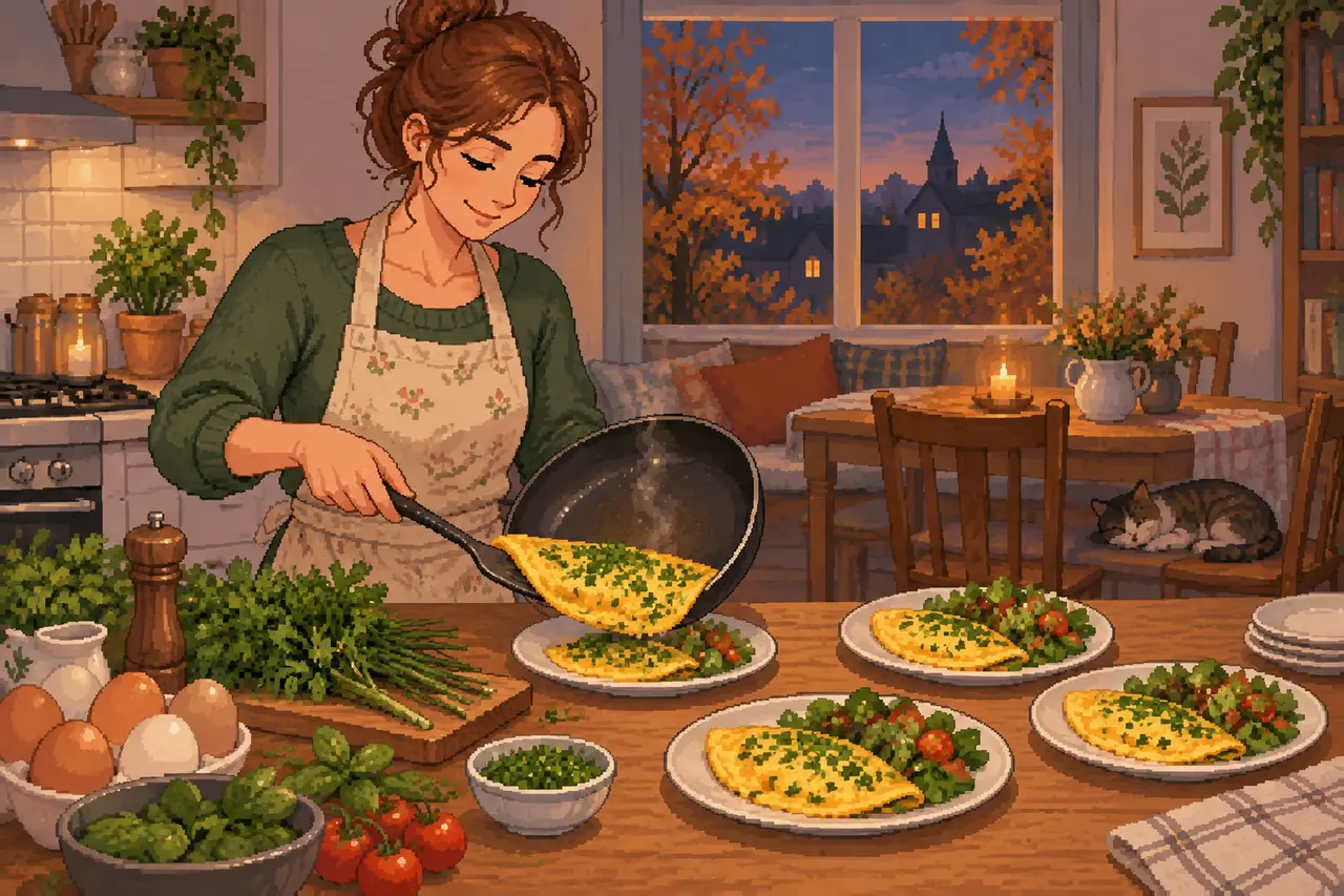 Pixel art illustration of a woman in an apron sliding an omelette from a pan onto a plate in a cozy kitchen.