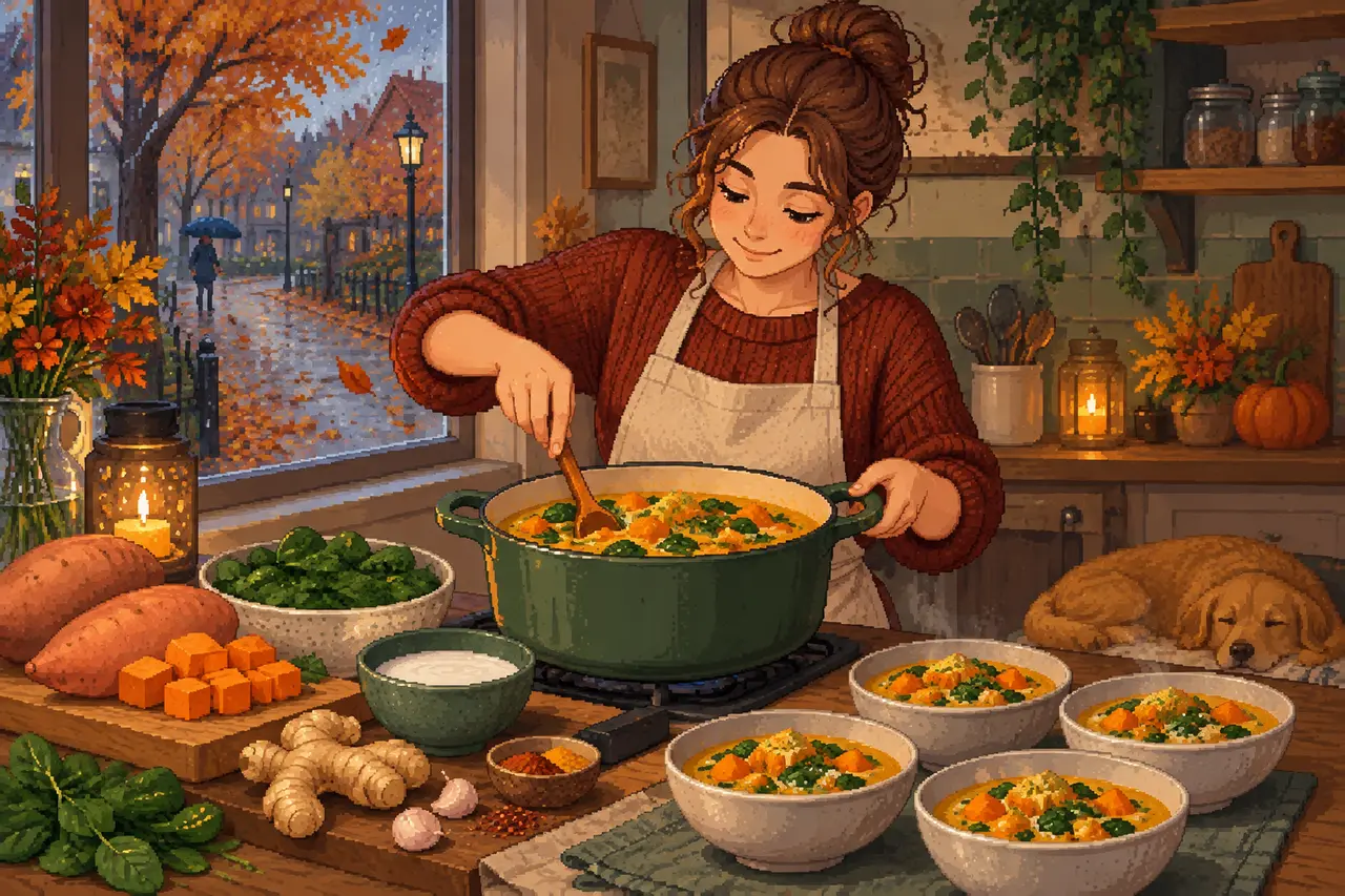 Pixel-Art-Illustration einer Frau mit Schürze, die in einer warmen Küche an einem herbstlichen Fenster Suppe kocht.