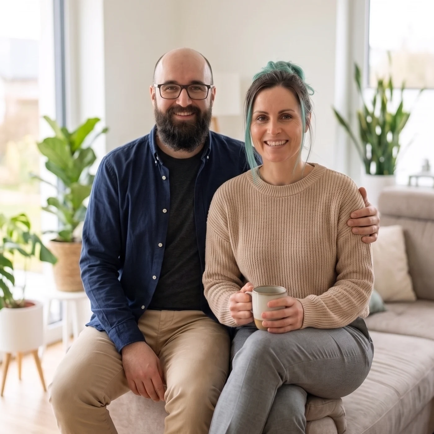 Cindy and Daniel sit smiling beside each other in a bright living space.