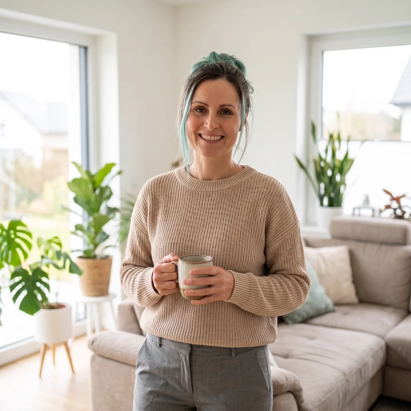 Cindy lächelt mit einer Tasse in einem hellen Wohnraum.