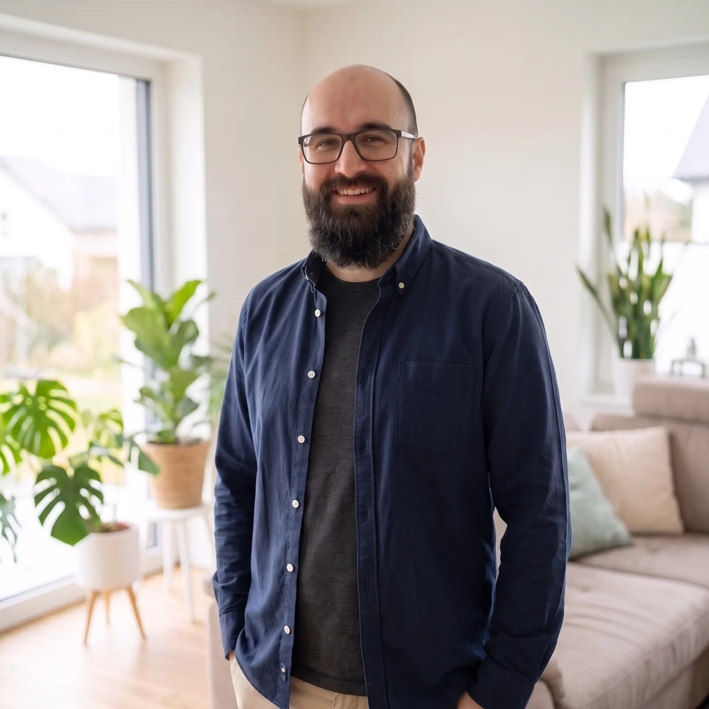 Daniel lächelt in einem hellen Wohnraum.