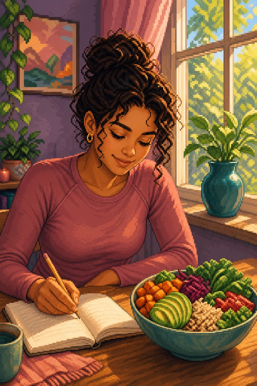 A woman writes in her notebook at her sunny window table at midday, a big colourful bowl beside her.