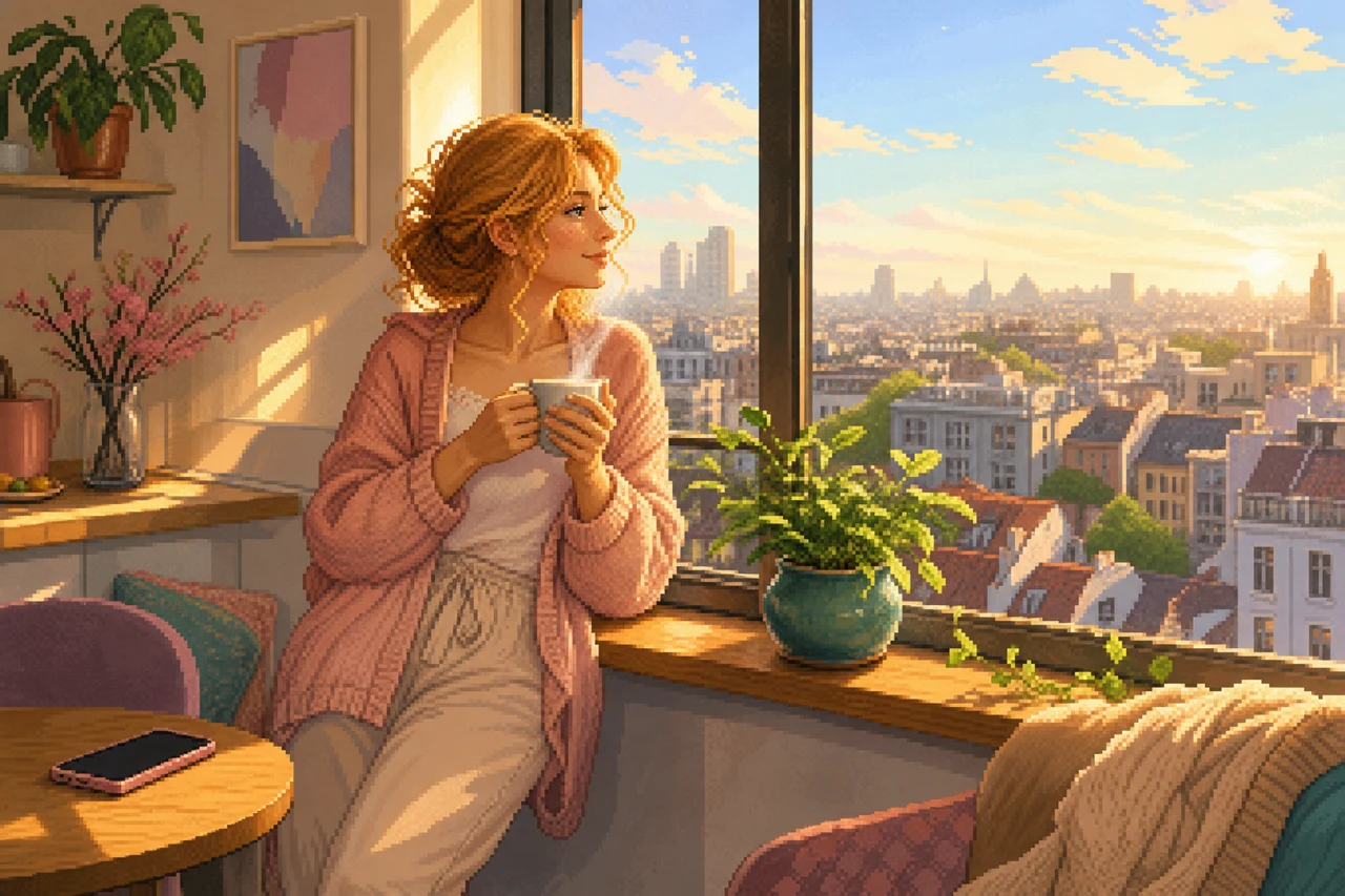 A woman leans on the windowsill in the morning with a cup of tea, outside the city wakes up in bright morning light, her phone lies face down on the table.
