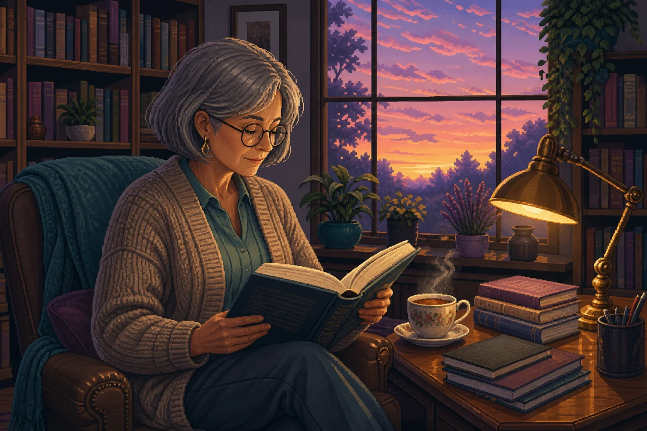 A woman reads in her study full of books in the early evening, outside the sky glows in rose and gold.