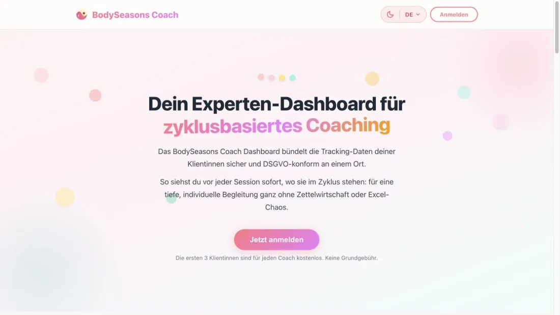 Startseite des BodySeasons Coach Dashboards für zyklusbasiertes Coaching
