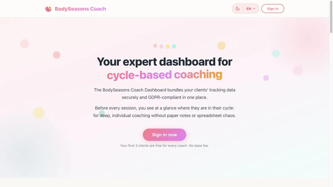 Homepage of the BodySeasons Coach Dashboard for cycle-based coaching