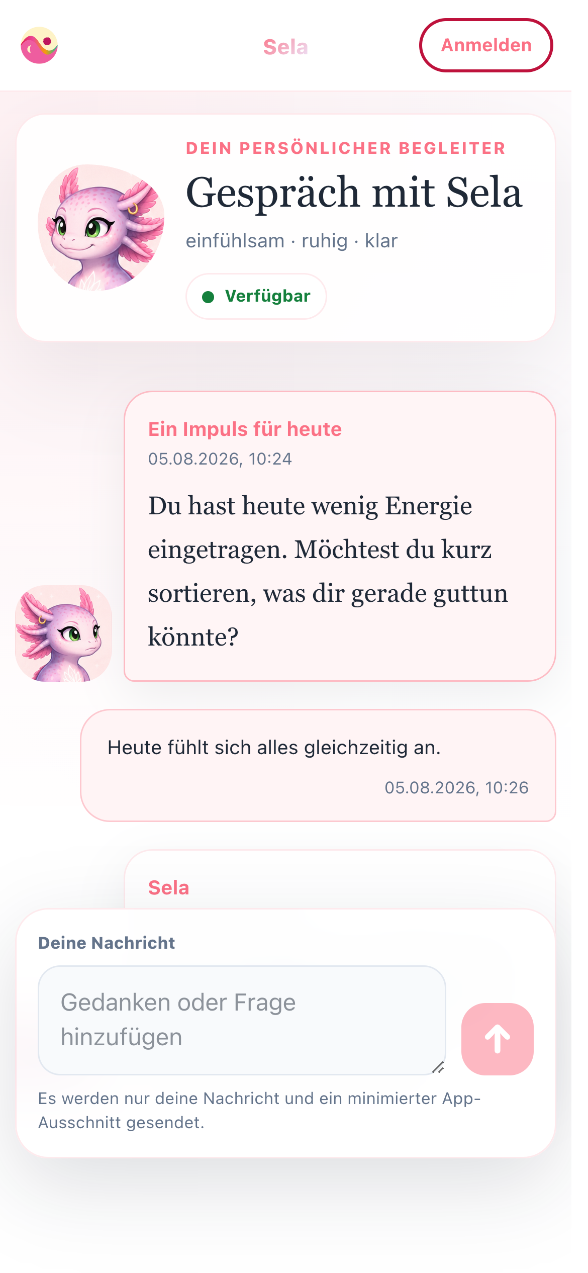 Echter persönlicher Begleiter-Chat mit einer proaktiven Frage und sichtbaren Emotionen