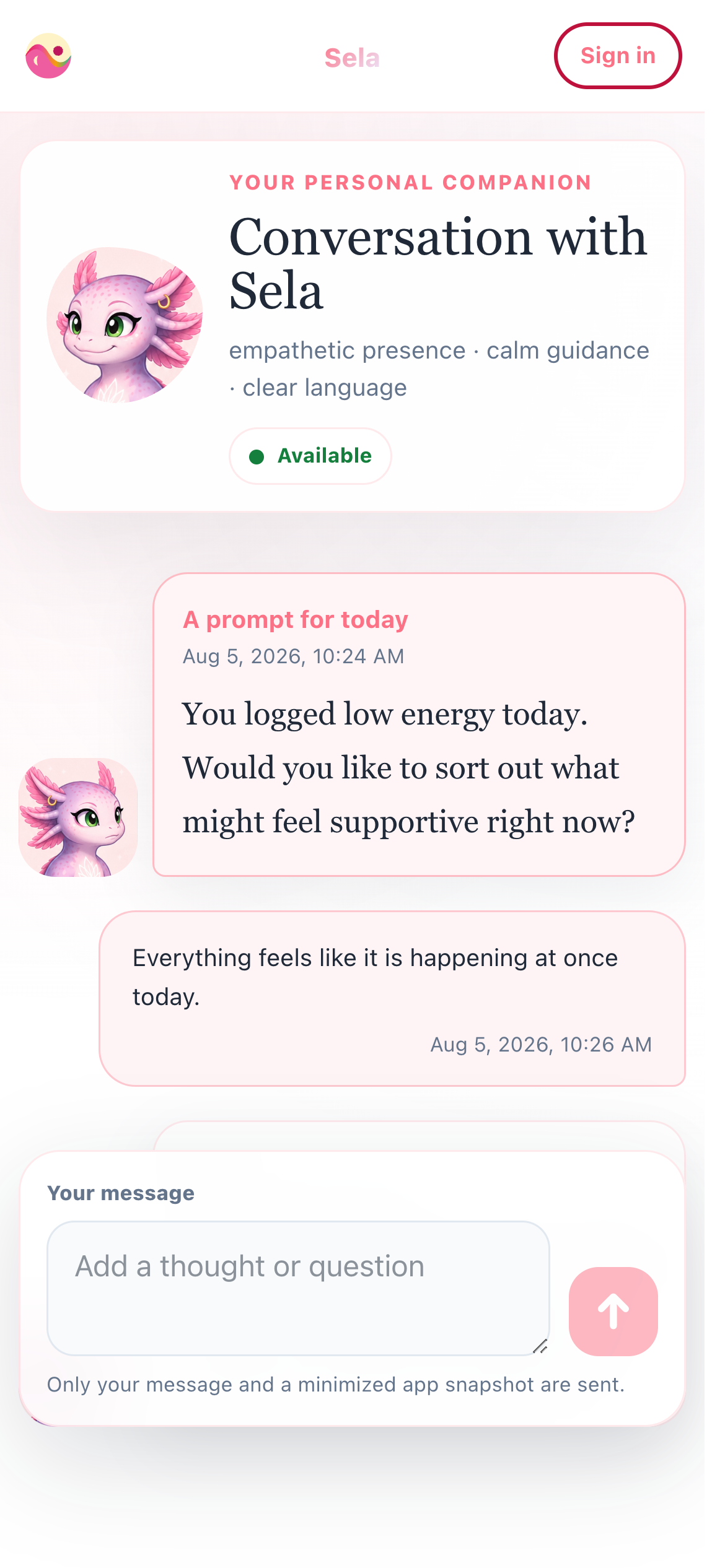 Real personal companion chat with a proactive question and visible emotions