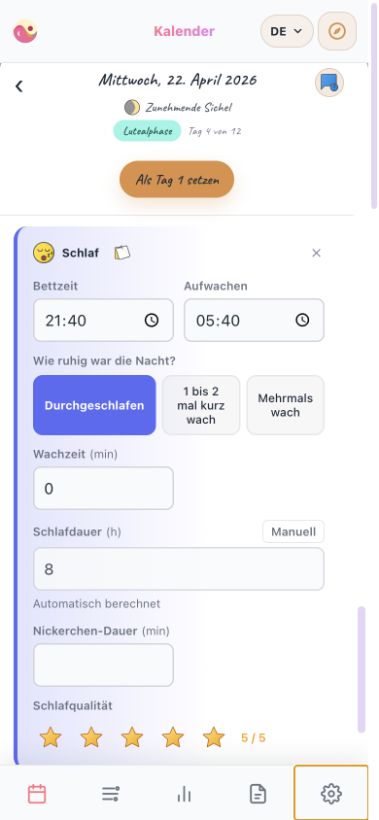 Schlaf und Körperdaten eintragen (Smartphone-Ansicht)
